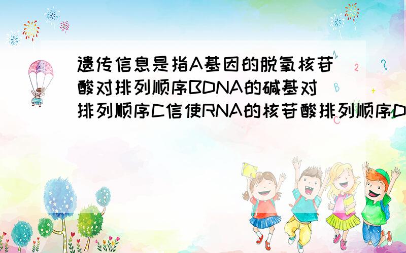 遗传信息是指A基因的脱氧核苷酸对排列顺序BDNA的碱基对排列顺序C信使RNA的核苷酸排列顺序D蛋白质的氨基酸排列顺序