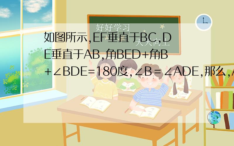 如图所示,EF垂直于BC,DE垂直于AB,角BED+角B+∠BDE=180度,∠B＝∠ADE,那么,AD平行于EF 吗?