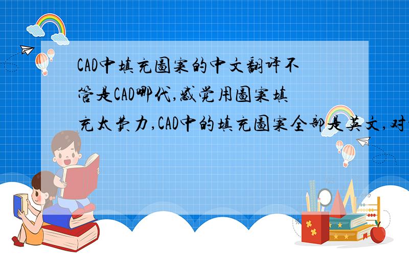 CAD中填充图案的中文翻译不管是CAD哪代,感觉用图案填充太费力,CAD中的填充图案全部是英文,对于我们英文水平差的人来说,好多时候无从下手啊!请教各位有什么办法能够翻译一下吗?