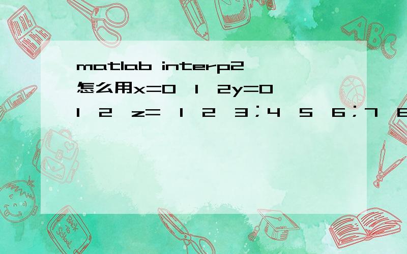 matlab interp2怎么用x=0,1,2y=0,1,2,z=【1,2,3；4,5,6；7,8,9】xi=-1:0.01:3；y=-1：0.01:3：meshgrid（xi,yi）;zi=interp2(x,y,z,xi,yi);mesh(xi,yi,zi)不能执行为什么