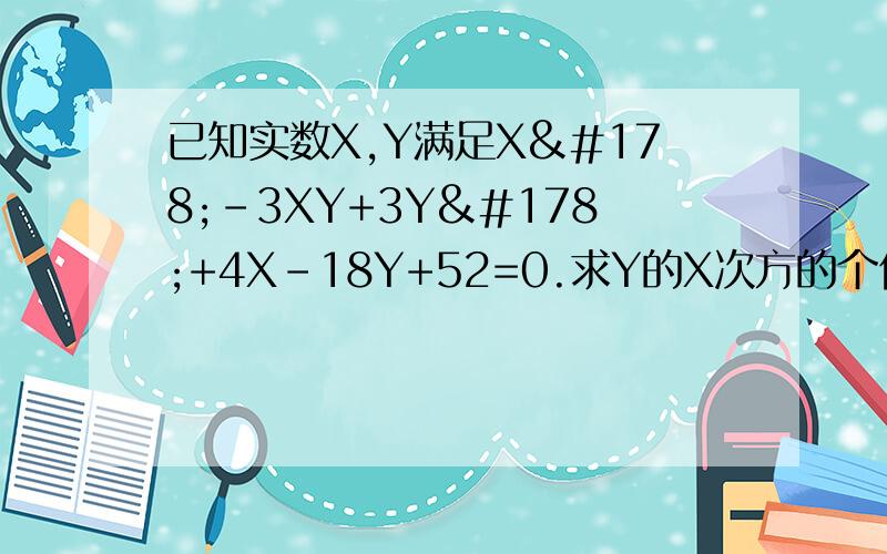 已知实数X,Y满足X²-3XY+3Y²+4X-18Y+52=0.求Y的X次方的个位数