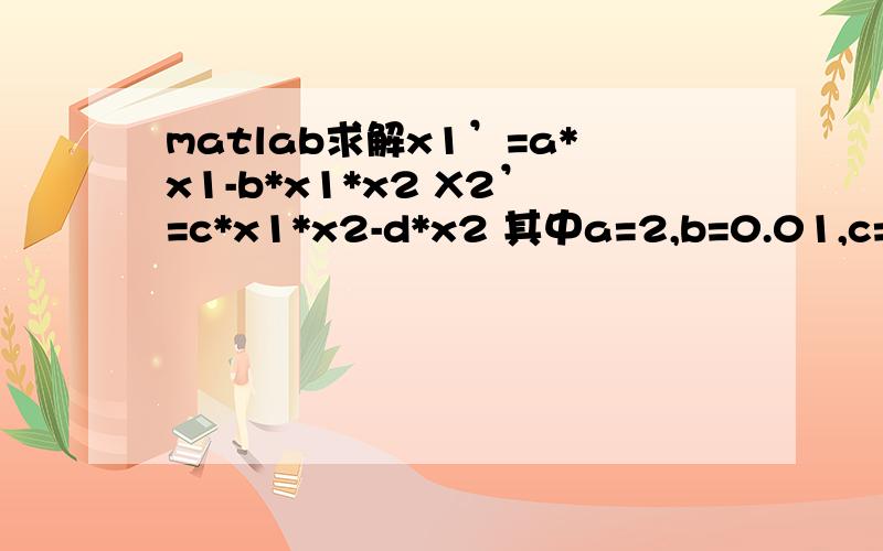 matlab求解x1’=a*x1-b*x1*x2 X2’=c*x1*x2-d*x2 其中a=2,b=0.01,c=0.001,d=0.7.x1(0)=300,x2(0)=100function dx=preyer(t,x,flag,a,b,c,d);dx(1,1)=a*x(1)-b*x(1)*x(2);dx(2,1)=c*x(1)*x(2)-d*x(2);tspan=[0,14];x0=[300,100];a=2;b=0.01;c=0.001;d=0.7;[t,x]=od