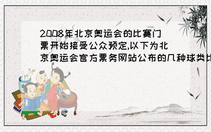 2008年北京奥运会的比赛门票开始接受公众预定,以下为北京奥运会官方票务网站公布的几种球类比赛的门票价格,篮球1000元/张,足球800元/张,兵乓球500元/张,球迷2008年北京奥运会的比赛门票开
