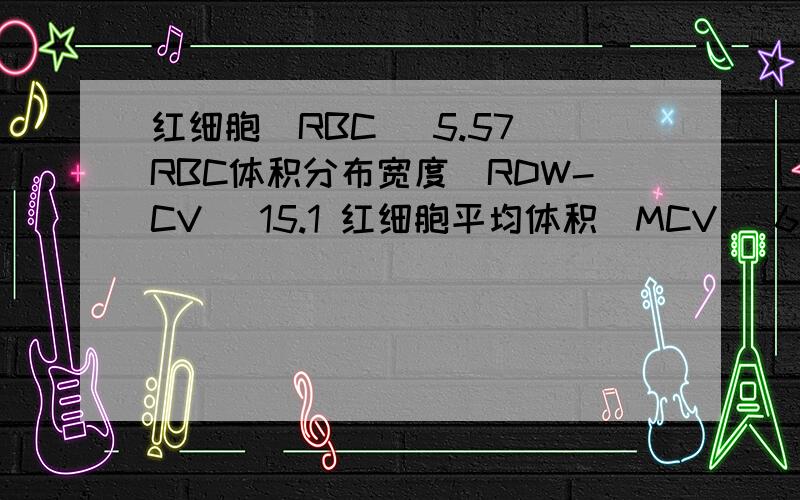 红细胞[RBC] 5.57 RBC体积分布宽度[RDW-CV] 15.1 红细胞平均体积[MCV] 63.0 RBC平均血红蛋白[MCH] 20.5红细胞[RBC] 5.57 RBC体积分布宽度[RDW-CV] 15.1 红细胞平均体积[MCV] 63.0 RBC平均血红蛋白[MCH] 20.5 除这几项