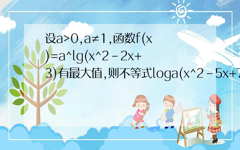 设a>0,a≠1,函数f(x)=a^lg(x^2-2x+3)有最大值,则不等式loga(x^2-5x+7)>0的解集为