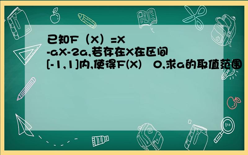 已知F（X）=X²-aX-2a,若存在X在区间[-1,1]内,使得F(X)≧0,求a的取值范围（希望以△的角度分析）