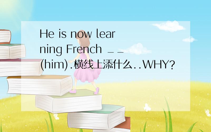 He is now learning French __(him).横线上添什么..WHY?