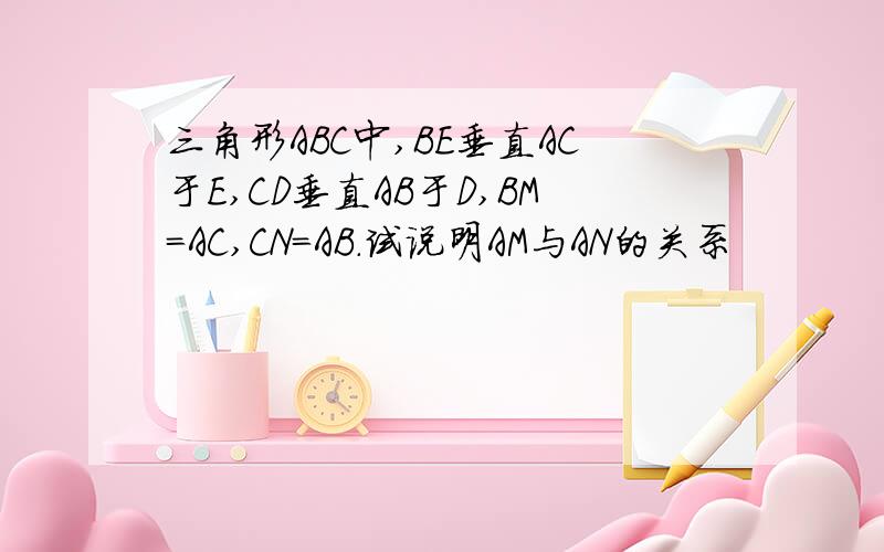 三角形ABC中,BE垂直AC于E,CD垂直AB于D,BM=AC,CN=AB.试说明AM与AN的关系