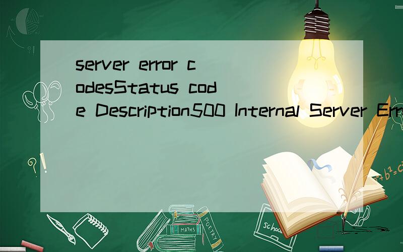 server error codesStatus code Description500 Internal Server Error.501 Not Implemented.502 Bad Gateway.503 Service Unavailable.504 Gateway Timeout.505 HTTP Version Not Supported.509 Bandwidth Limit Exceeded.(This status code,although used by many ser