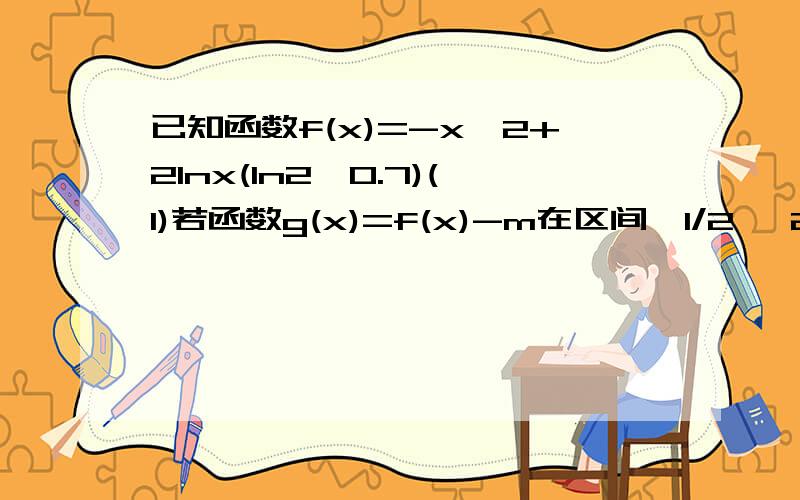 已知函数f(x)=-x^2+2lnx(ln2≈0.7)(1)若函数g(x)=f(x)-m在区间【1/2 ,2】内有两个不同的零点,求实数m的取值范围(2)任意x∈(0,1),证明f(1-x)＜f(1+x)(3)若a≤2根号2,求函数h(x)=-f(x)-ax+3lnx的单调递增区间