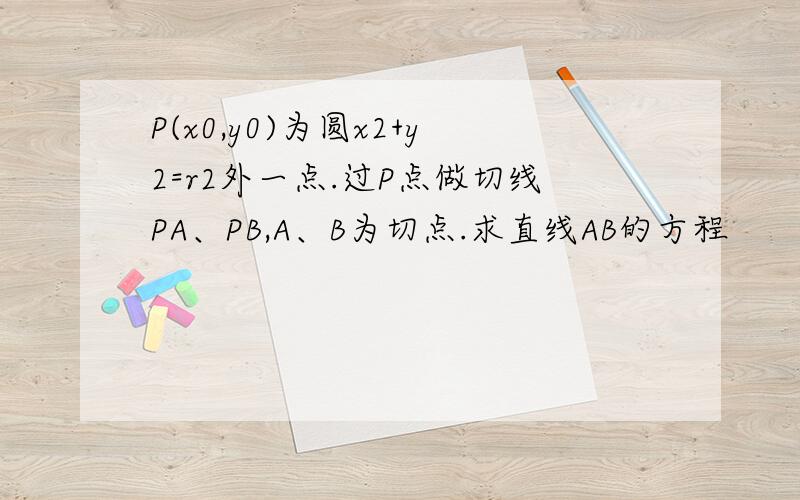 P(x0,y0)为圆x2+y2=r2外一点.过P点做切线PA、PB,A、B为切点.求直线AB的方程