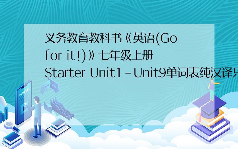 义务教育教科书《英语(Go for it!)》七年级上册Starter Unit1-Unit9单词表纯汉译只要汉语不要英语人名不用写