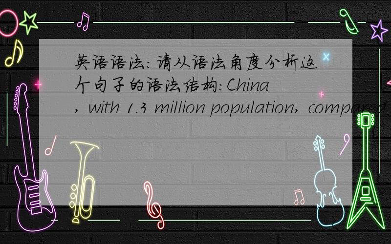 英语语法：请从语法角度分析这个句子的语法结构：China, with 1.3 million population, compared to other countries, has more human labor.