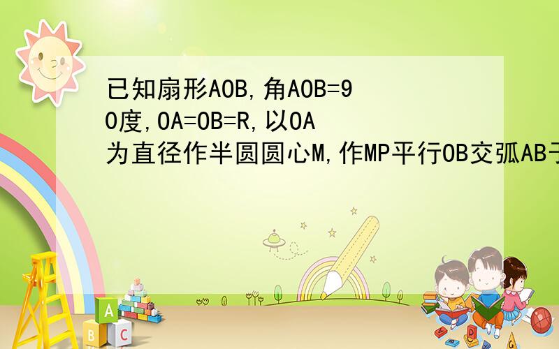 已知扇形AOB,角AOB=90度,OA=OB=R,以OA为直径作半圆圆心M,作MP平行OB交弧AB于P,交圆心M于点Q,求阴影部分