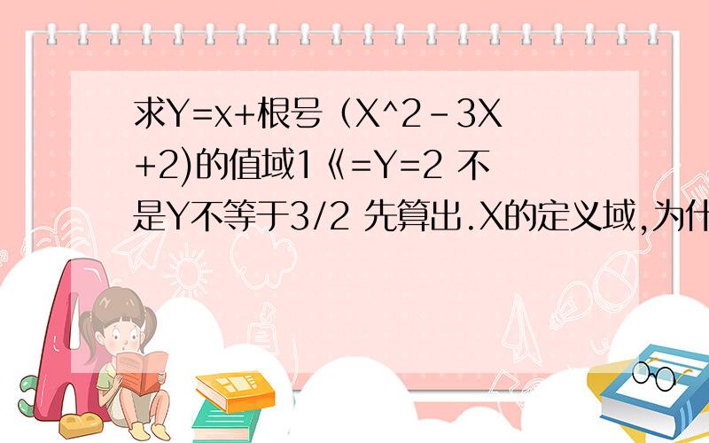 求Y=x+根号（X^2-3X+2)的值域1《=Y=2 不是Y不等于3/2 先算出.X的定义域,为什么一定要算Y>=X