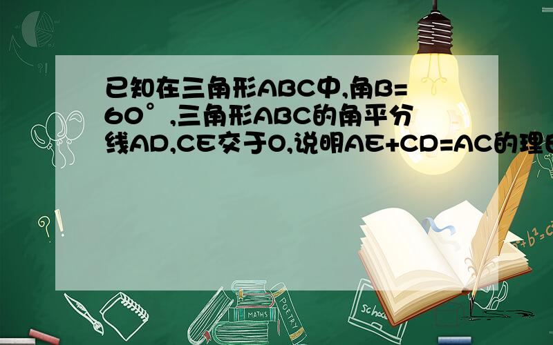 已知在三角形ABC中,角B=60°,三角形ABC的角平分线AD,CE交于O,说明AE+CD=AC的理由急..
