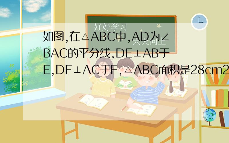 如图,在△ABC中,AD为∠BAC的平分线,DE⊥AB于E,DF⊥AC于F,△ABC面积是28cm2,AB=20cm,AC=8cm,求DE
