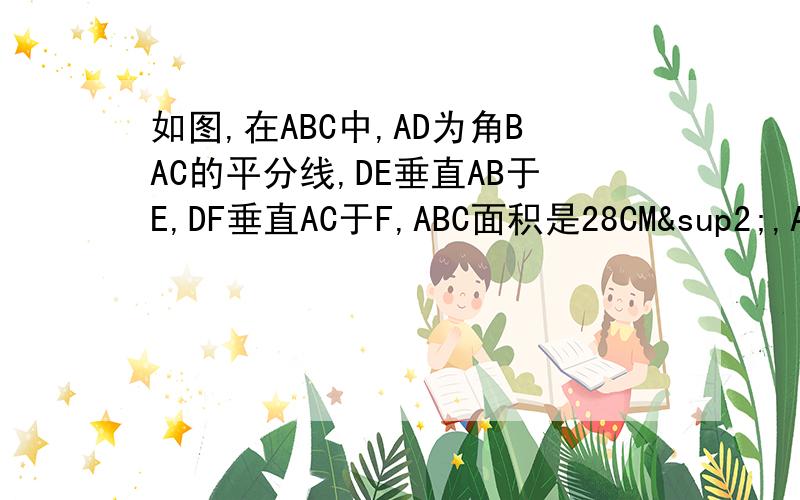 如图,在ABC中,AD为角BAC的平分线,DE垂直AB于E,DF垂直AC于F,ABC面积是28CM²,AB＝16cmAC＝12cm,求DE的长.