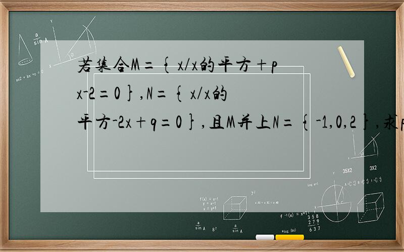 若集合M={x/x的平方+px-2=0},N={x/x的平方-2x+q=0},且M并上N={-1,0,2},求p,q的值.