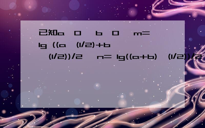 已知a＞0, b＞0, m=lg ((a^(1/2)+b^(1/2))/2, n= lg((a+b)^(1/2))/2 ,则m与n的大小关系如何?要有解题过程!这是有关高二选修1-2第二章 推理与证明2.1.2演绎推理的习题.