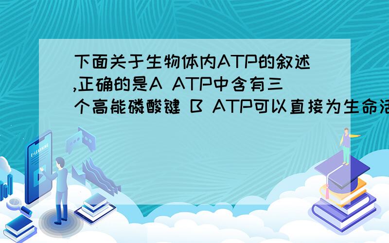 下面关于生物体内ATP的叙述,正确的是A ATP中含有三个高能磷酸键 B ATP可以直接为生命活动提供能量C ATP的化学能很稳定 D ATP在细胞中含量很多