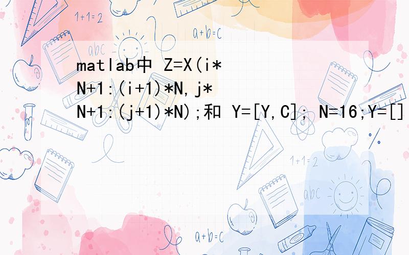 matlab中 Z=X(i*N+1:(i+1)*N,j*N+1:(j+1)*N);和 Y=[Y,C]; N=16;Y=[];Z=[];%生成空数组[m,n]=size(X); %确定矩阵的维数mm=m/N;nm=n/N;for i=0:mm-1 for j=0:nm-1 Z=X(i*N+1:(i+1)*N,j*N+1:(j+1)*N); C=reshape(Z,N*N,1);%将矩阵改造为N*N行1列 Y=[