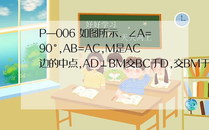 P—006 如图所示．∠A=90°,AB=AC,M是AC边的中点,AD⊥BM交BC于D,交BM于E．求证：∠AMB=∠DMC．