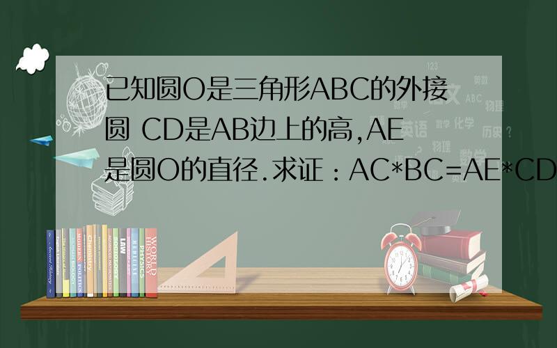已知圆O是三角形ABC的外接圆 CD是AB边上的高,AE是圆O的直径.求证：AC*BC=AE*CD