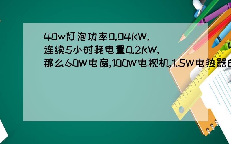 40w灯泡功率0.04KW,连续5小时耗电量0.2KW,那么60W电扇,100W电视机,1.5W电热器的功率与耗电量是多少?