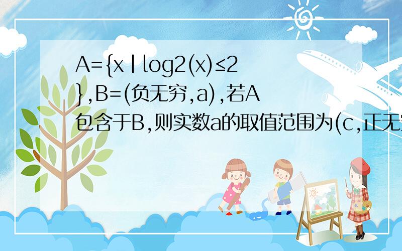 A={x|log2(x)≤2},B=(负无穷,a),若A包含于B,则实数a的取值范围为(c,正无穷),c=注意是A包含于B,不是A包含B
