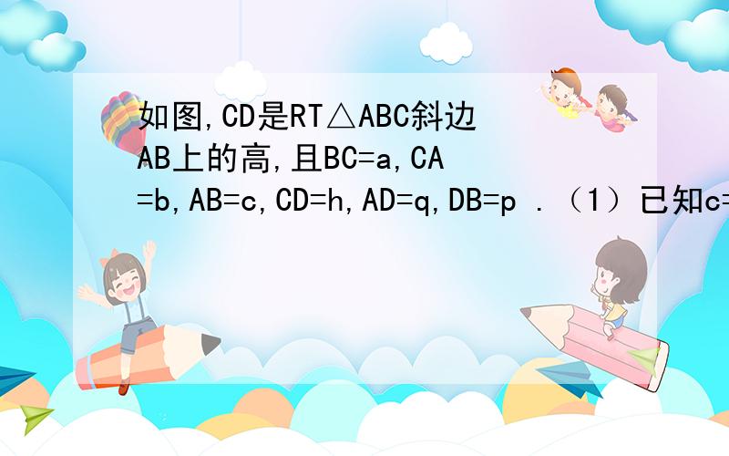 如图,CD是RT△ABC斜边AB上的高,且BC=a,CA=b,AB=c,CD=h,AD=q,DB=p .（1）已知c=29,p=4,求h和b（2）已知a=5,h=4,求p和q（3）已知a=10,p=6,求b和q（3）已知p=4,h=10,求b和a