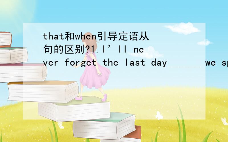 that和when引导定语从句的区别?1.I’ll never forget the last day______ we spent together.2.I’ll never forget the day________ we met each other last week.为什么第一个用that第二个用when