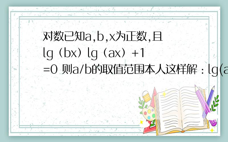 对数已知a,b,x为正数,且lg（bx）lg（ax）+1=0 则a/b的取值范围本人这样解：lg(ax)-lg(bx)=-1-2lg(bx)lg(a/b)=-lg(10+b^2)lg(a/b)=lg(1/(b^2+10)0