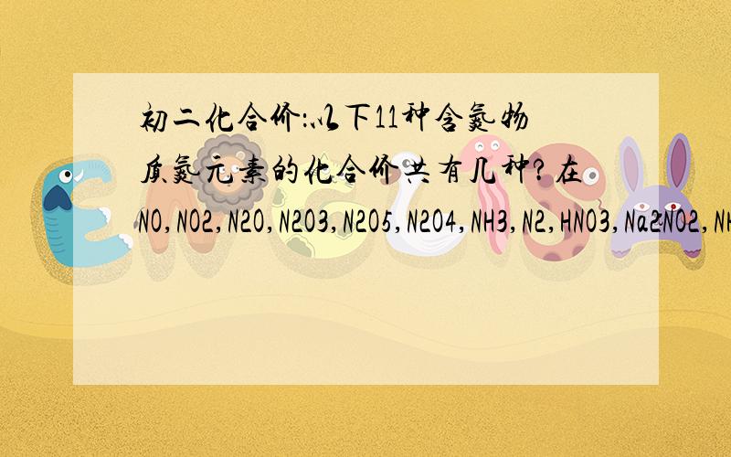 初二化合价：以下11种含氮物质氮元素的化合价共有几种?在NO,NO2,N2O,N2O3,N2O5,N2O4,NH3,N2,HNO3,Na2NO2,NH4Cl 11含氮物质氮元素的化合价共有( )种.A.11 B.6 C.7 D.8（所有的数字都是右下角的） 请把11个化合