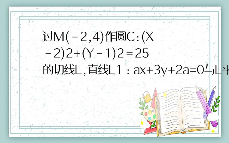 过M(-2,4)作圆C:(X－2)2+(Y－1)2＝25的切线L,直线L1：ax+3y+2a=0与L平行,则L1与L间的距离为（ ）A:28/5 B 12/5 C 8/5 D 2/5