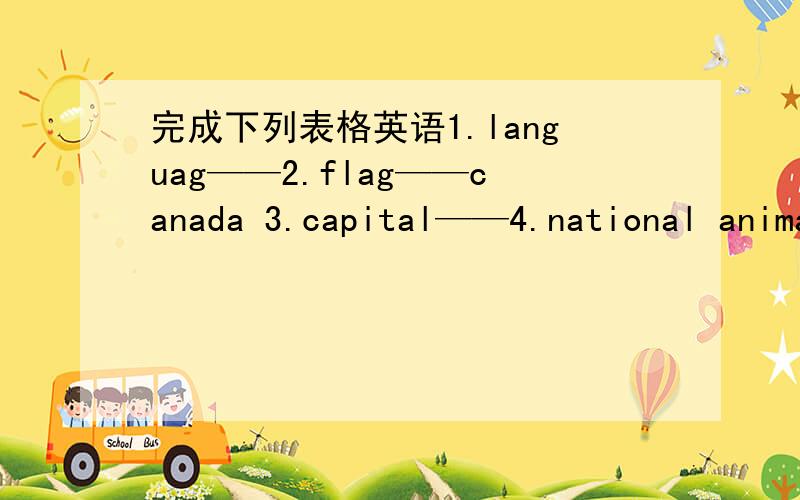 完成下列表格英语1.languag——2.flag——canada 3.capital——4.national animal——5.weterfall————————————————1.language——2.flag——the U.S.3.capital——4.famous statue—— 5.national animal—